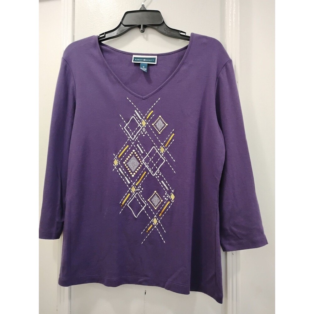Karen Scott Pullover Knit Top Decor V-Neck 3/4 Sleeve SZ M Purple Cotton Blouse